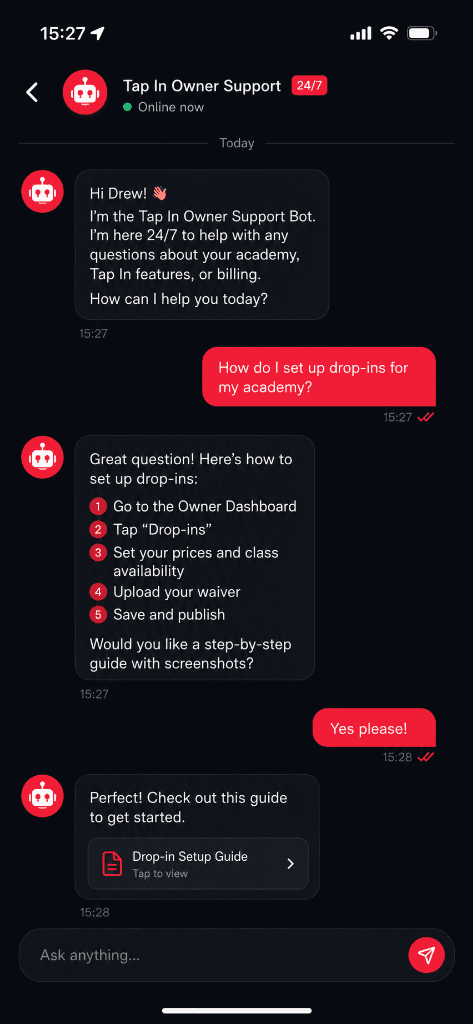 Tap In 24/7 Owner Support Chat Mockup